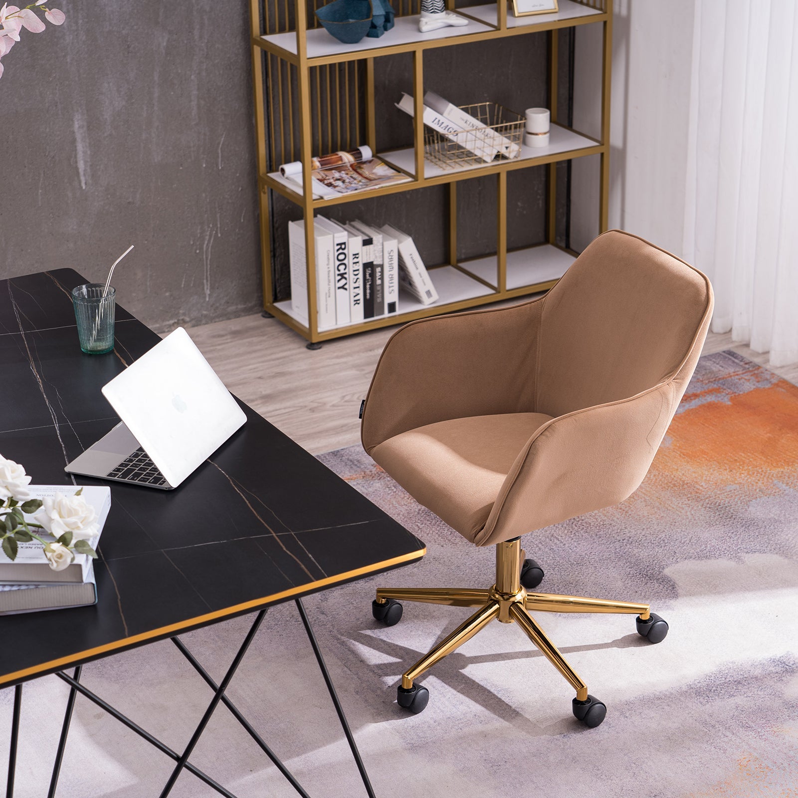 Modern Velvet Fabric Material Adjustable Height 360 revolving Home Office Chair Light Coffee Brown
