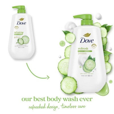 Dove Beauty Refresh Body Wash Pump Cucumber & Green Tea 24hr Lotion-Soft Skin 30.6 fl oz - Imperfect Container