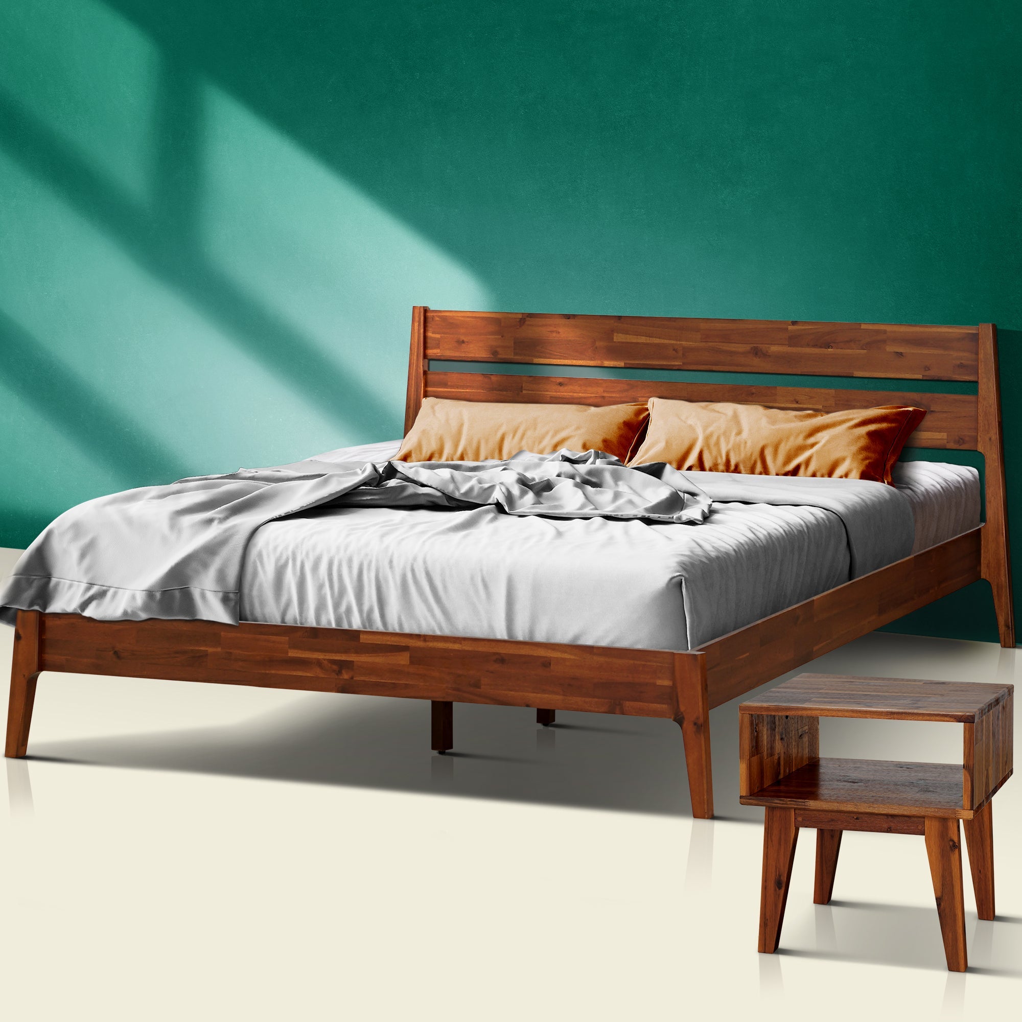 Acacia Callisto Solid Wood Bed Frame and Nightstand Bedroom Set