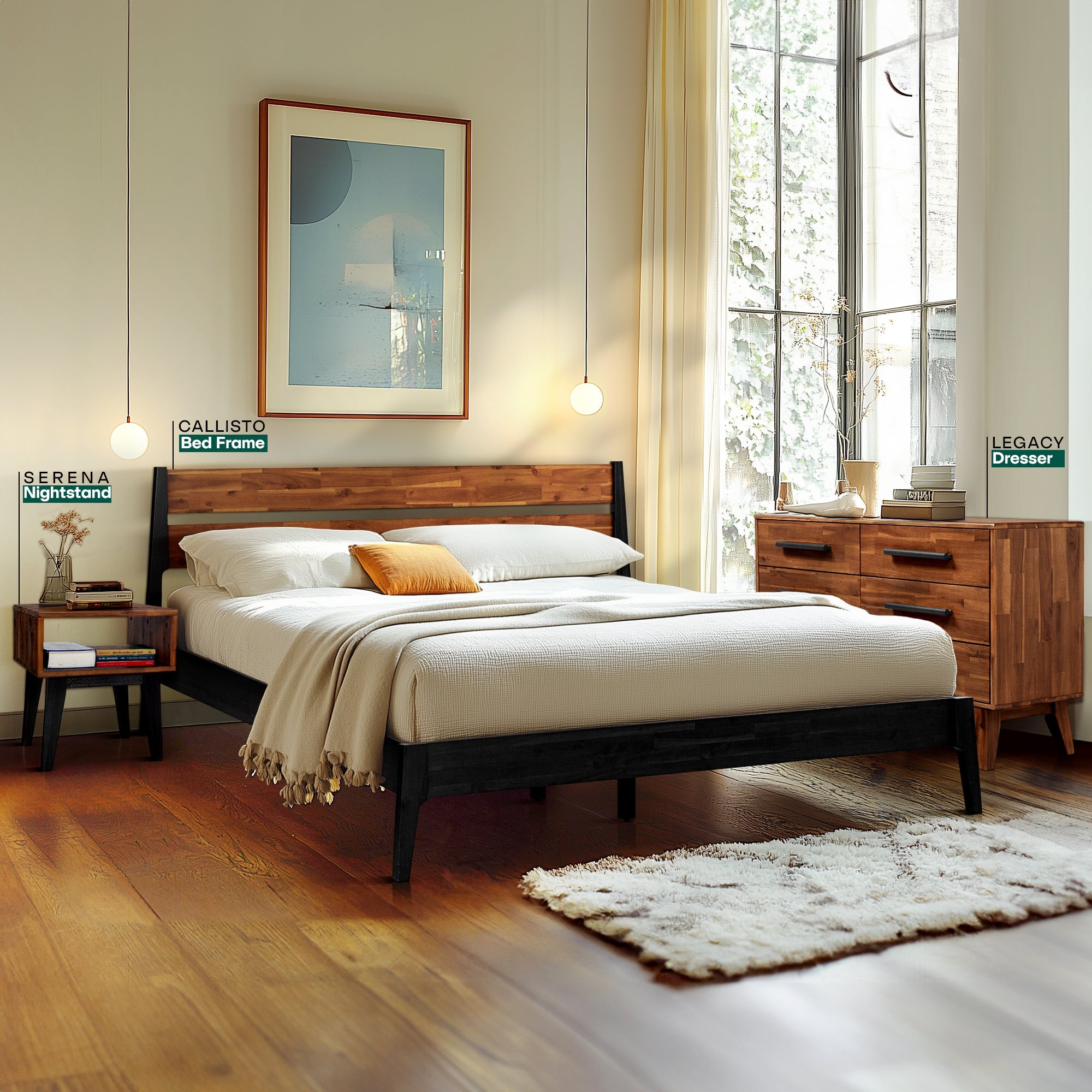 Acacia Callisto Solid Wood  Bed Frame and Nightstand Bedroom Set