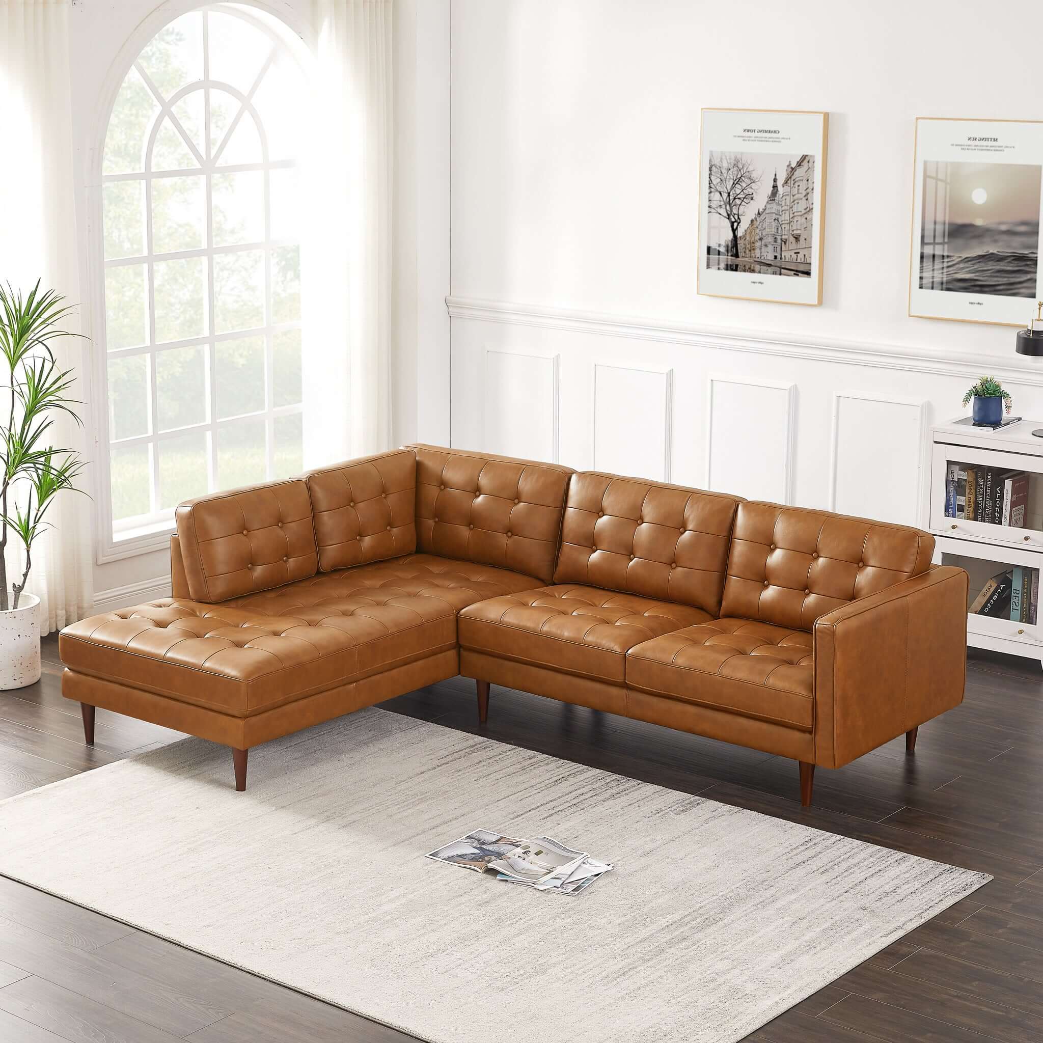 Lucco Genuine Leather Sectional In Cognac Tan Left Facing – Designer
