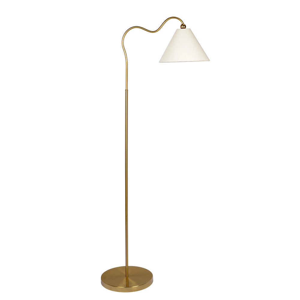 Majestic Brass Ring Base Curved Floor Lamp with Triangle White Drum Sh