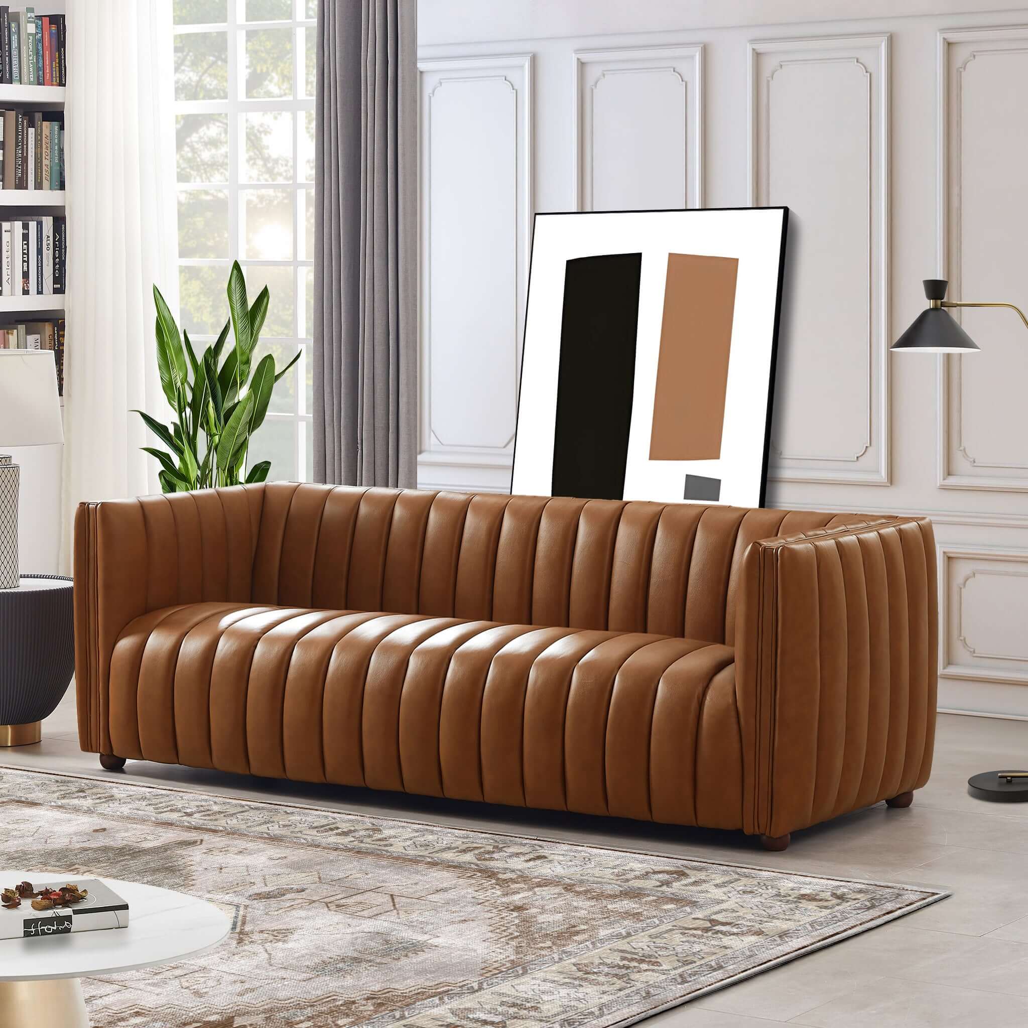 April Mid Century Modern Luxury Tight Back Tan Leather Couch – Luxury