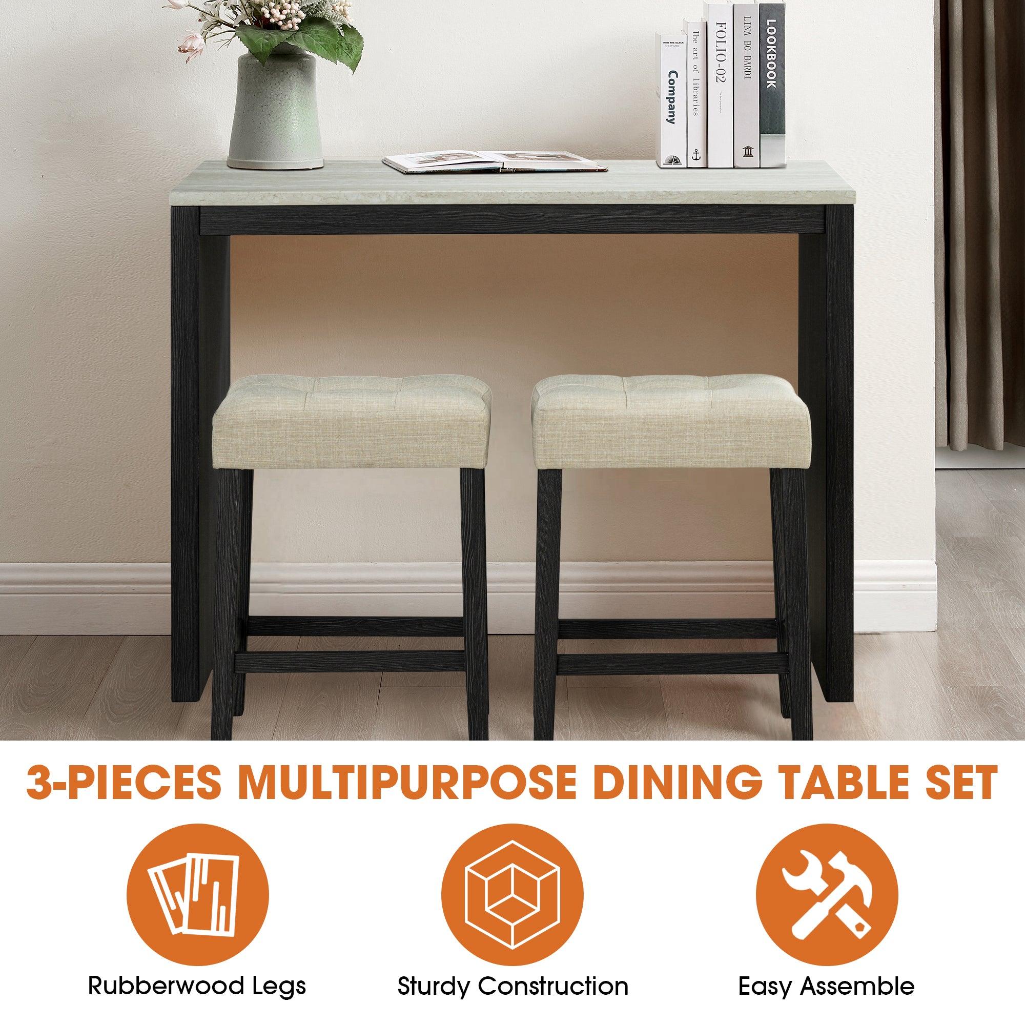 48" Modern Breakfast 1 Dining Table Set with 2 Stools for Apartment, Travertine Table Top