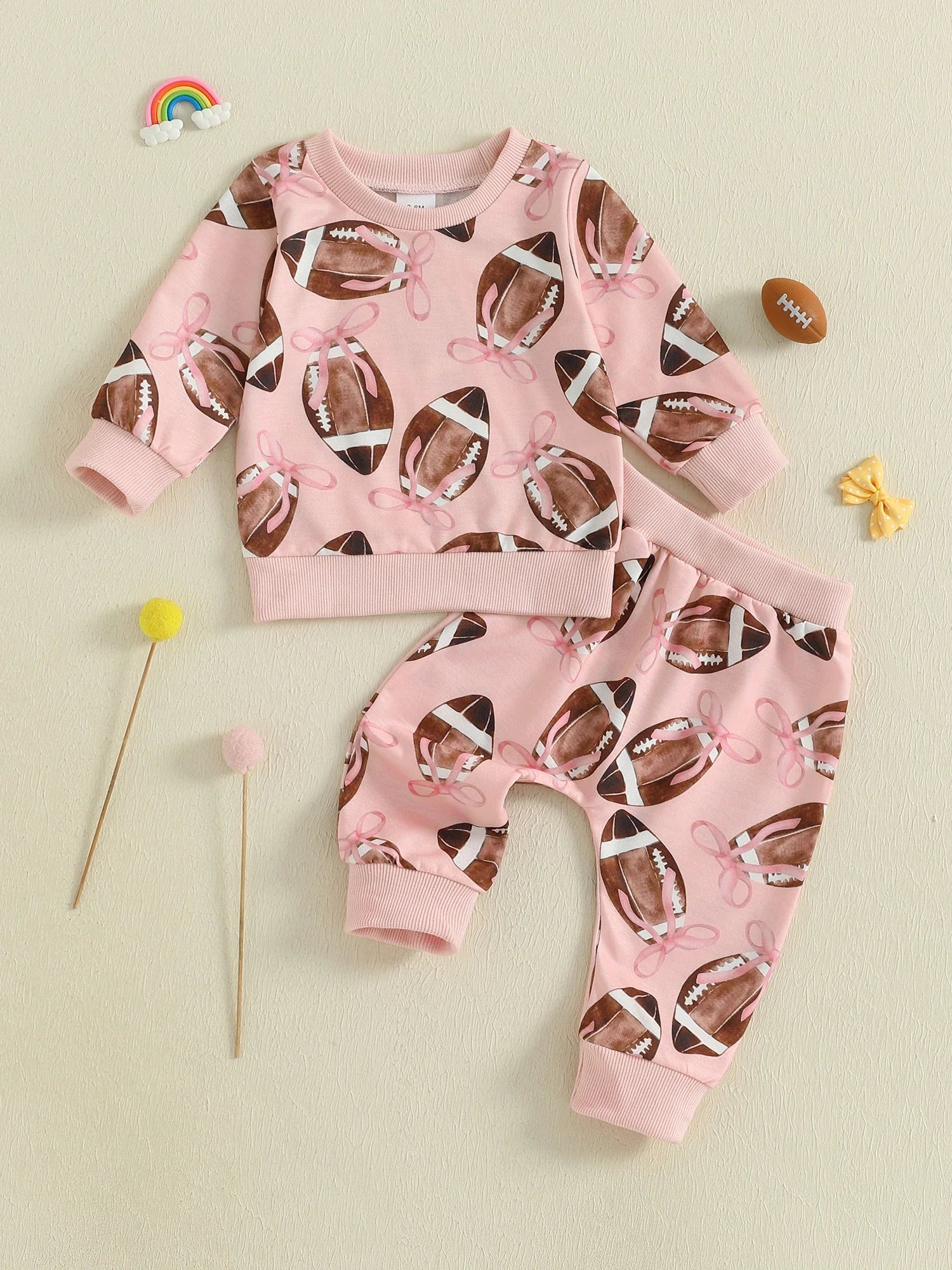 Baby Toddler Girls 2Pcs Fall Outfit Football Bow Print Crew Neck Long Sleeve Top with Pants Jogger Set