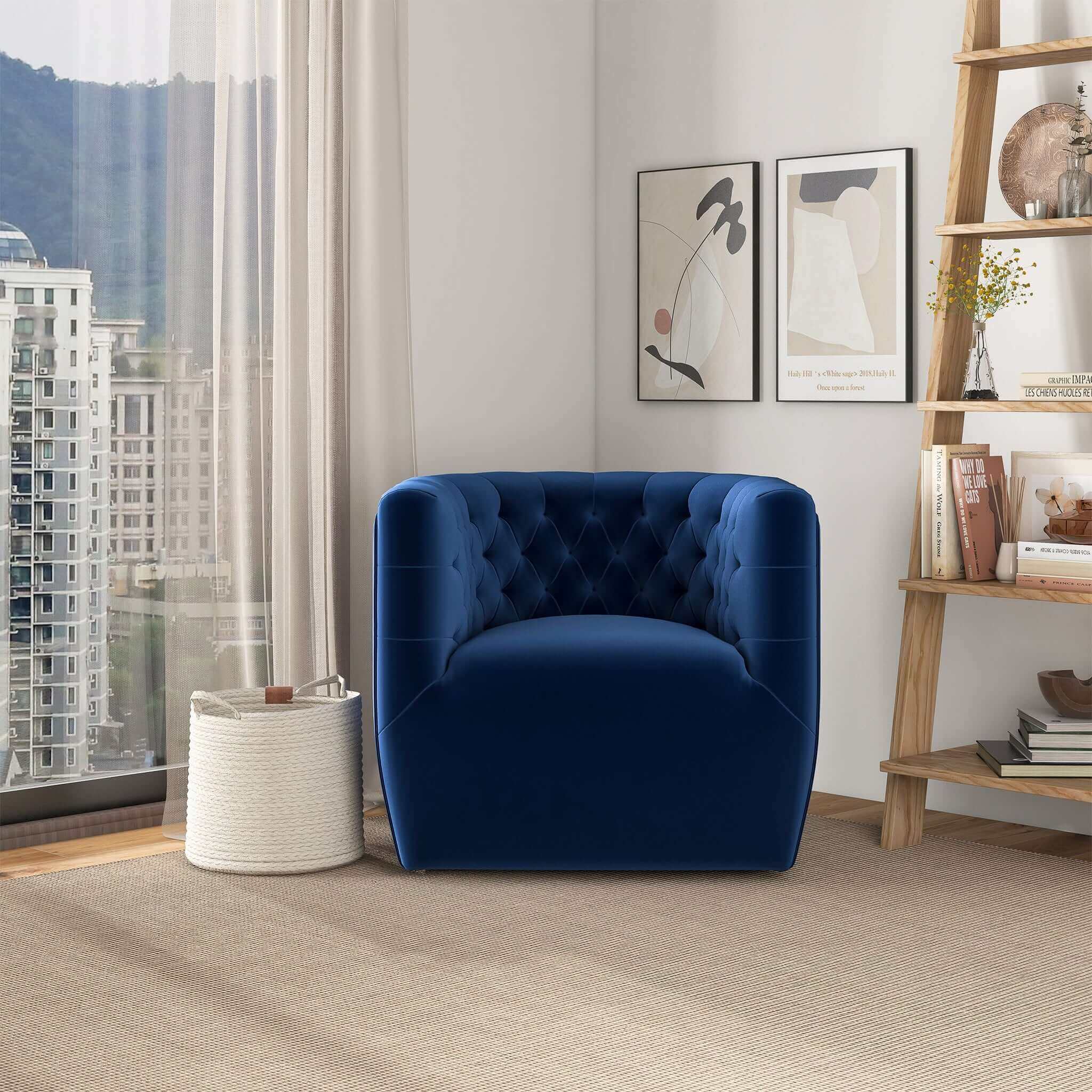 Delaney Dark Blue Velvet Swivel Chair – Luxury Modern Seating – Curate