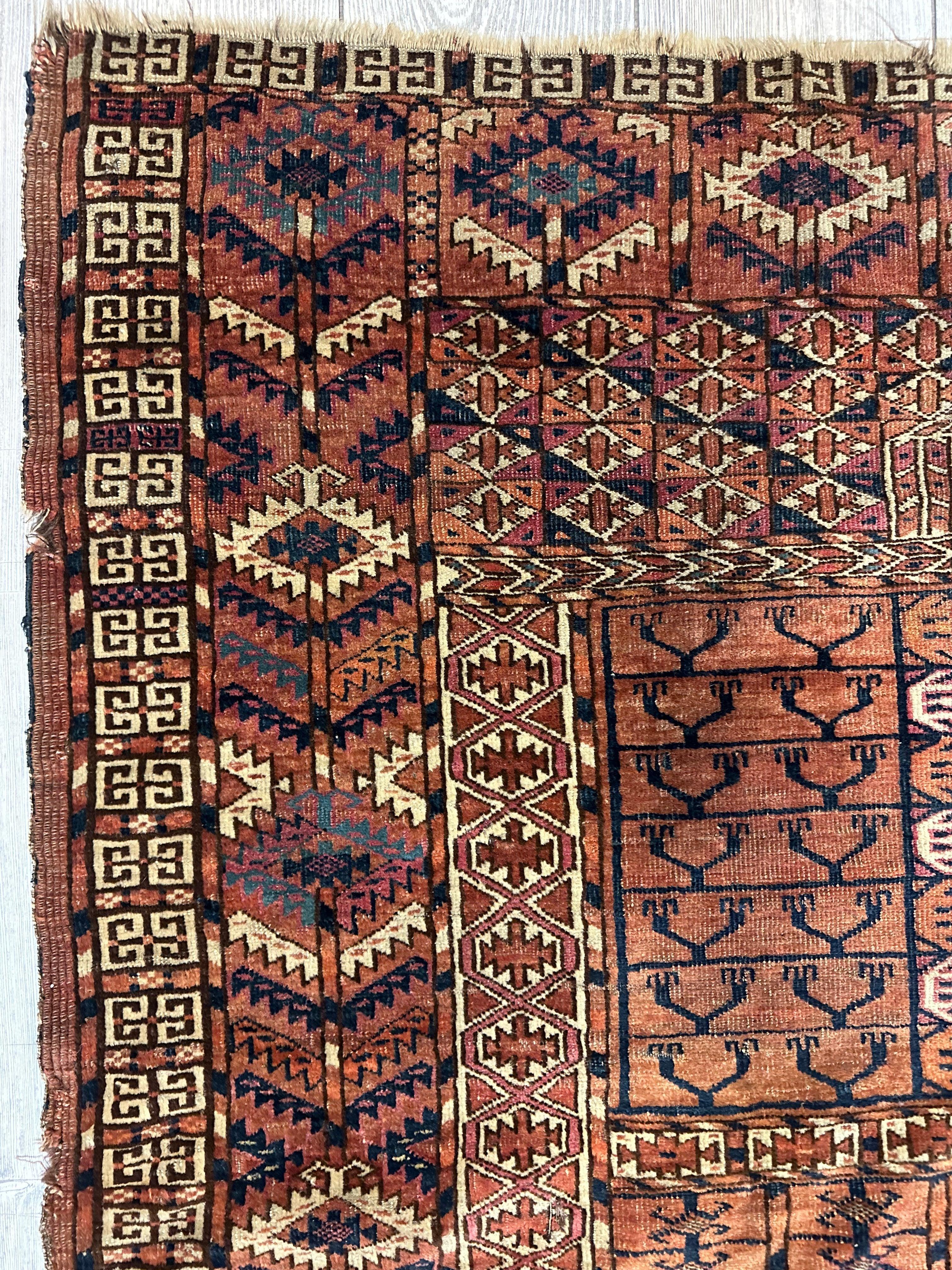 Antique 1880s Turkoman Tekke Ensi Tent Door Covering Rug 4’ x4’8”