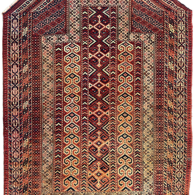 Antique 1890’s Turkoman Prayer Rug or Namazlyk 4’ x 5’2”