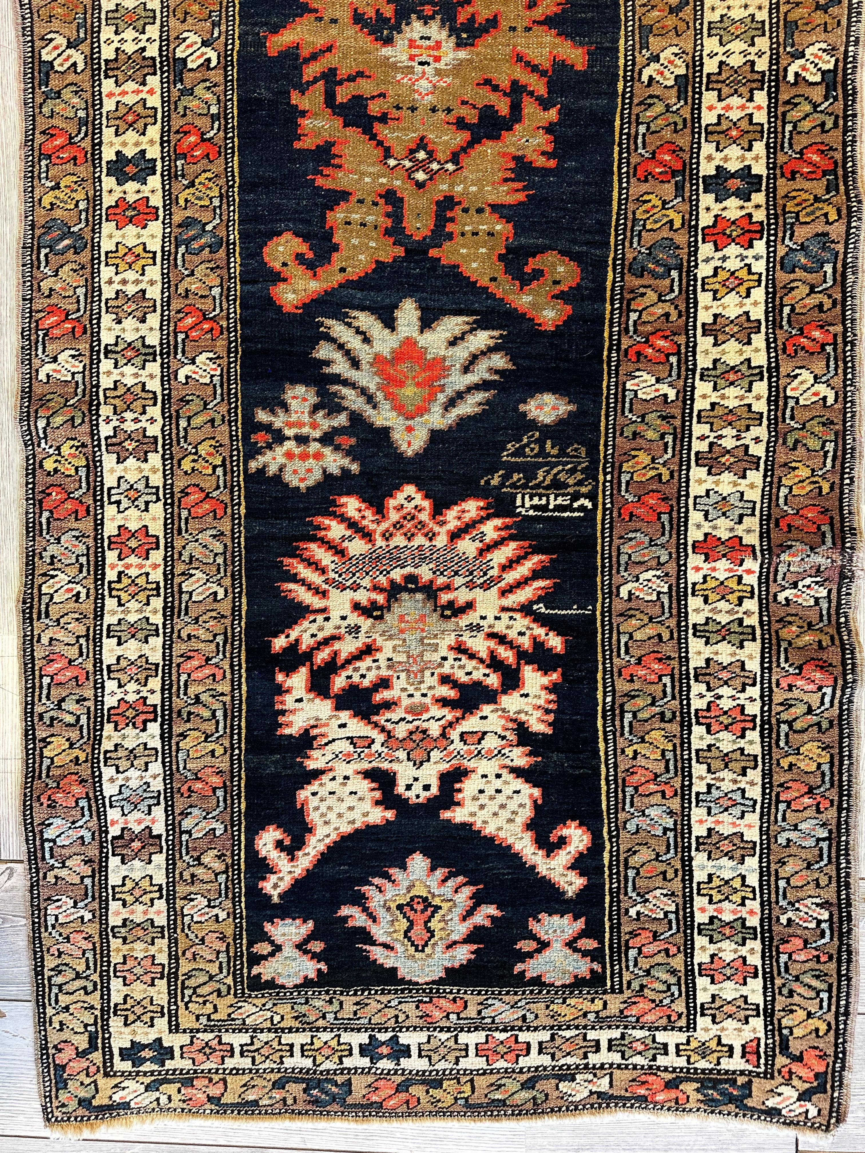 Antique Caucasian Karabakh Signed & Dated Wool on Wool Runner Rug 3 X 7