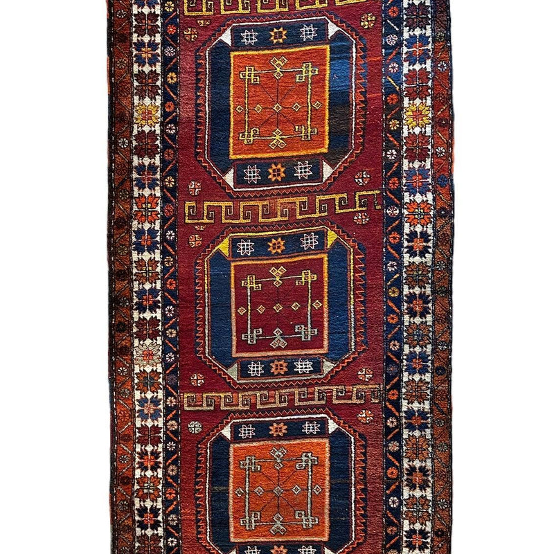 Antique circa 1920's Kurdish-Kazak Geometric Motifs Runner 3’8” x 12’3”