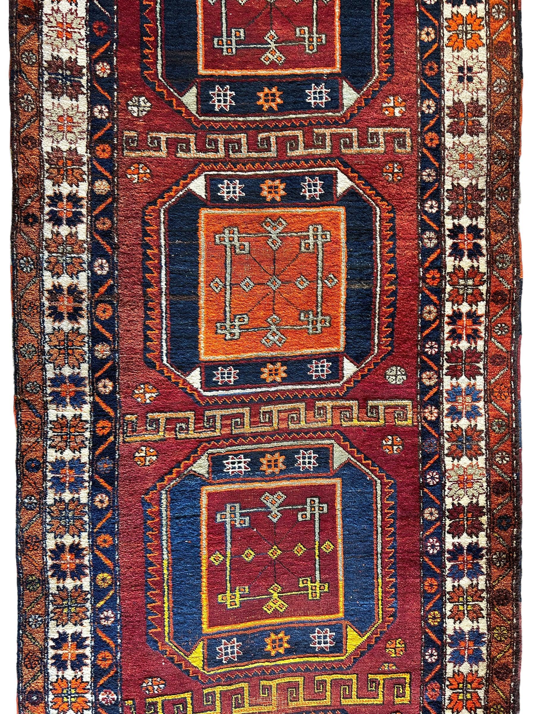 Antique circa 1920's Kurdish-Kazak Geometric Motifs Runner 3’8” x 12’3”