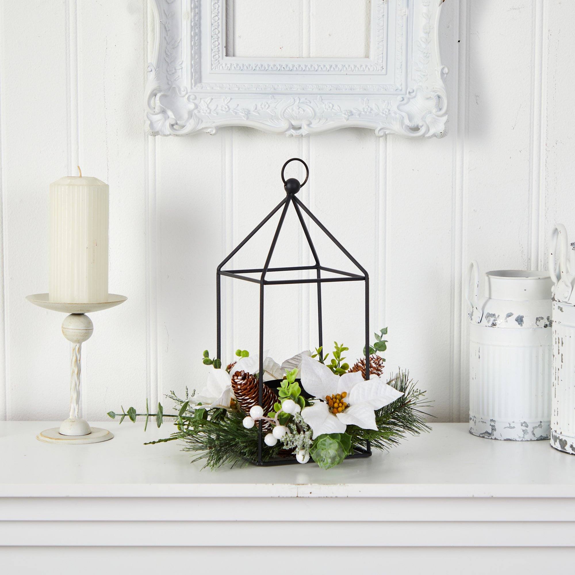 14” Holiday White Poinsettia, Berries and Pine Cone Metal Candle Holder Table Christmas Arrangement