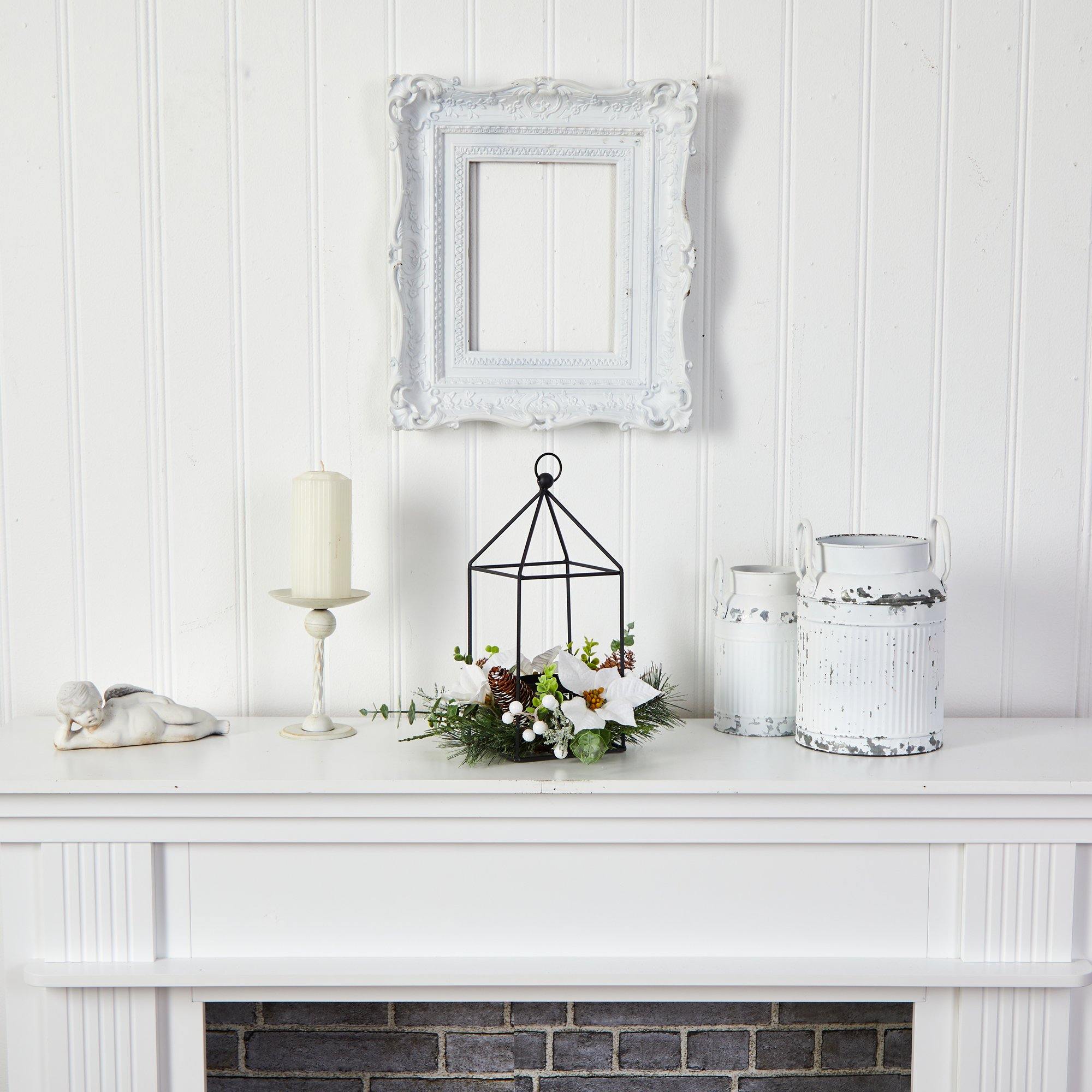 14” Holiday White Poinsettia, Berries and Pine Cone Metal Candle Holder Table Christmas Arrangement