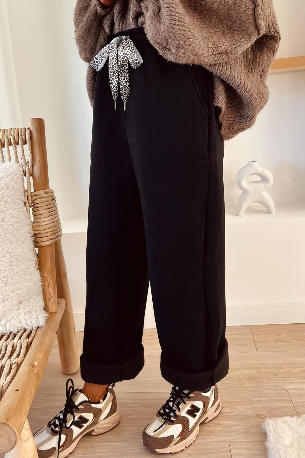 Leopard Drawstring Fleece Lined Elastic Waist Pants