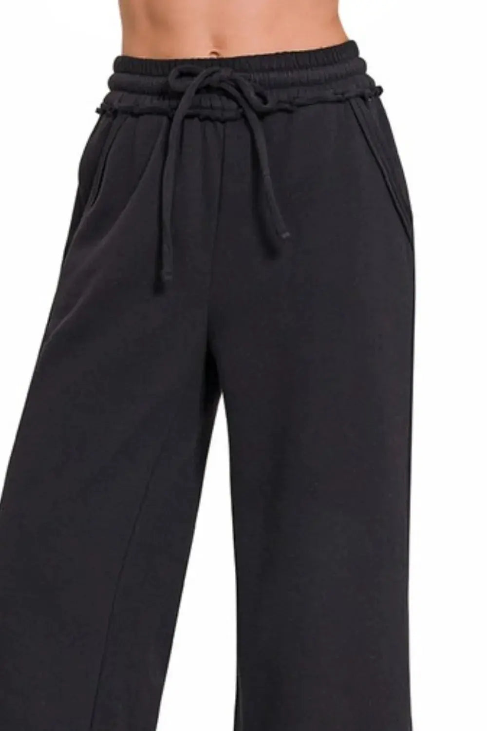 Zenana Black Wide Leg Fleece Sweatpants with Drawstring Waist