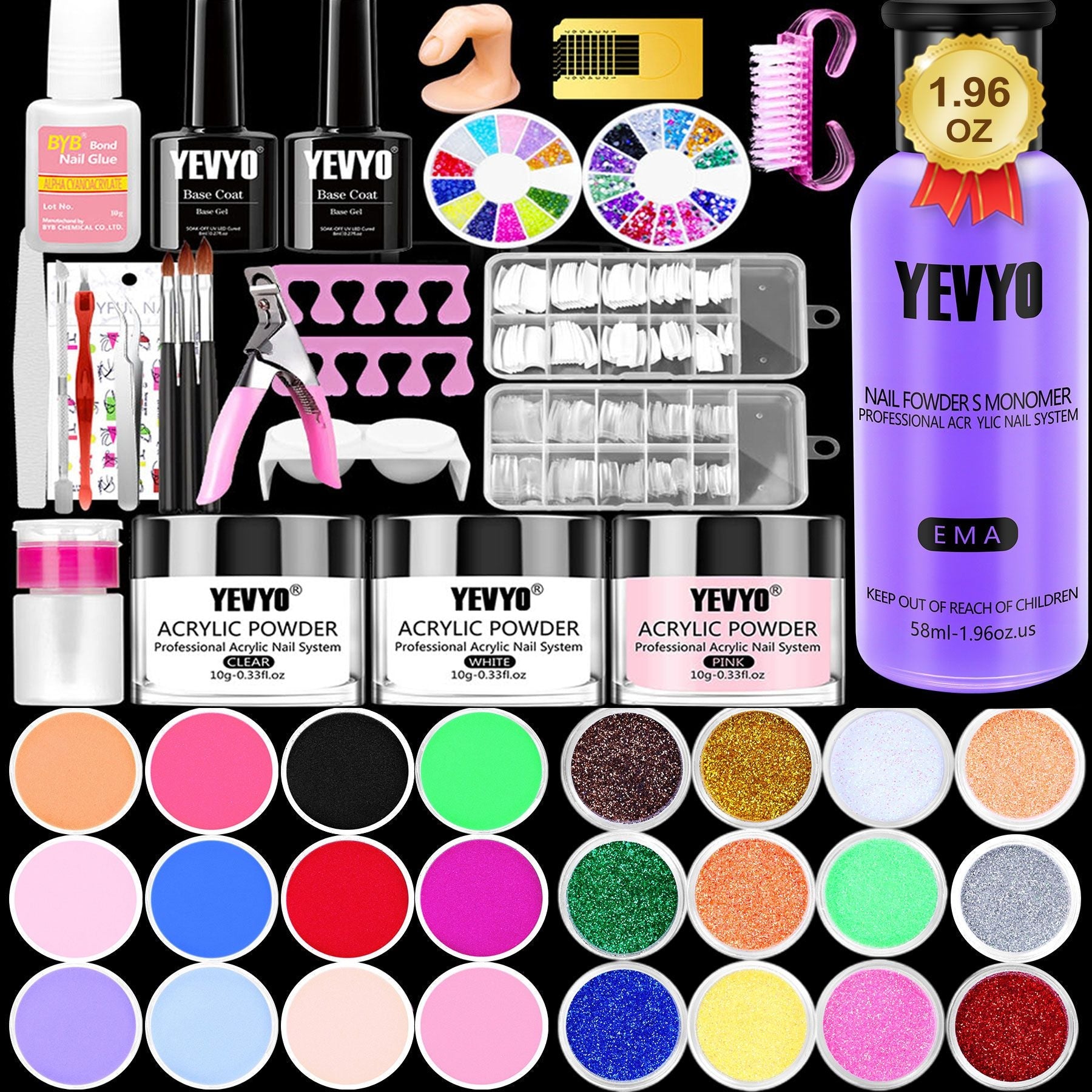 Acrylic Nail Kit, Nail Kit for Beginners with Everything, 24 Colors Glitter Acrylic Powder and Liquid Monomer Set, 200 Pcs Nail Tips, 3 Pcs Acrylic Nail Brush for Home DIY Extension Nail Salon
