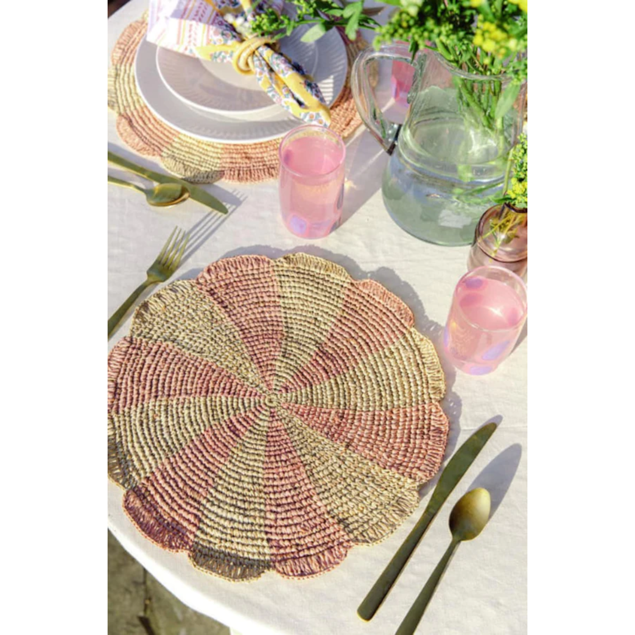 Pinwheel Pink Placemat, raffia tabletop