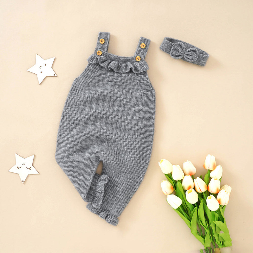 Baby Girl Solid Color Ruffle Design Knit Romper With Headband