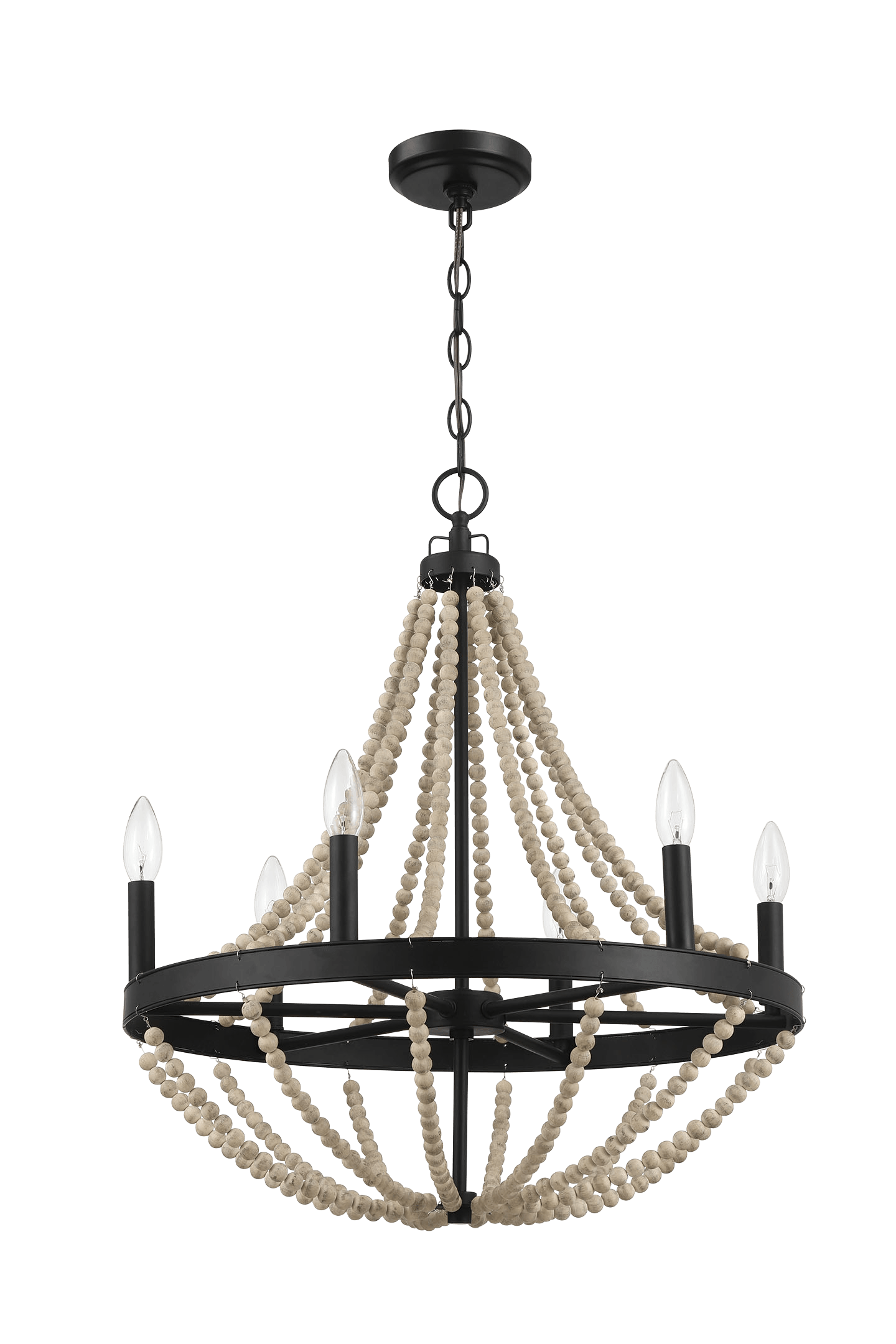 Starry Wood Chandelier Farmhouse Six Candle Light Wood Beaded Black Pe