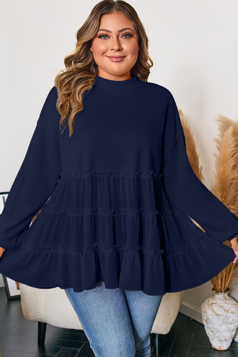 Plus Size Solid Ruffle Tiered Ribbed Crewneck Top
