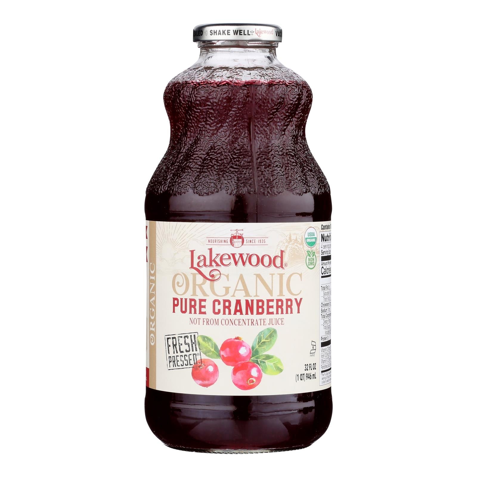 Lakewood Organic Pure Cranberry Juice, 32 fl oz, 6-Pack