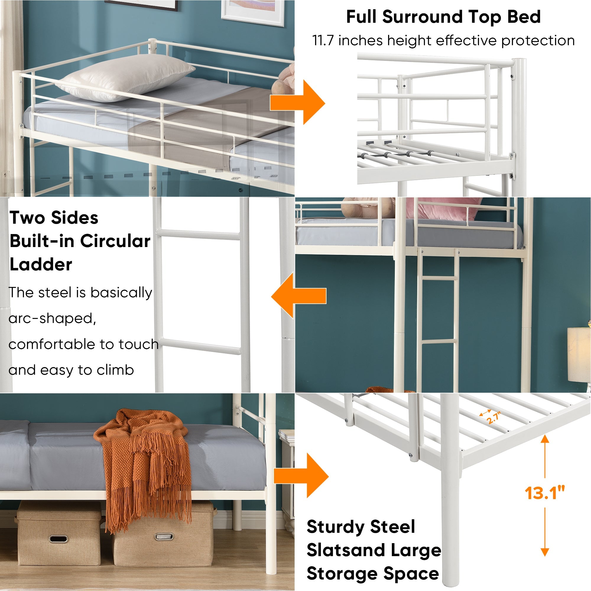 Twin metal bunk beds, metal structure bed frame with safety guardrails and 2 ladders, convertible bunk beds, white