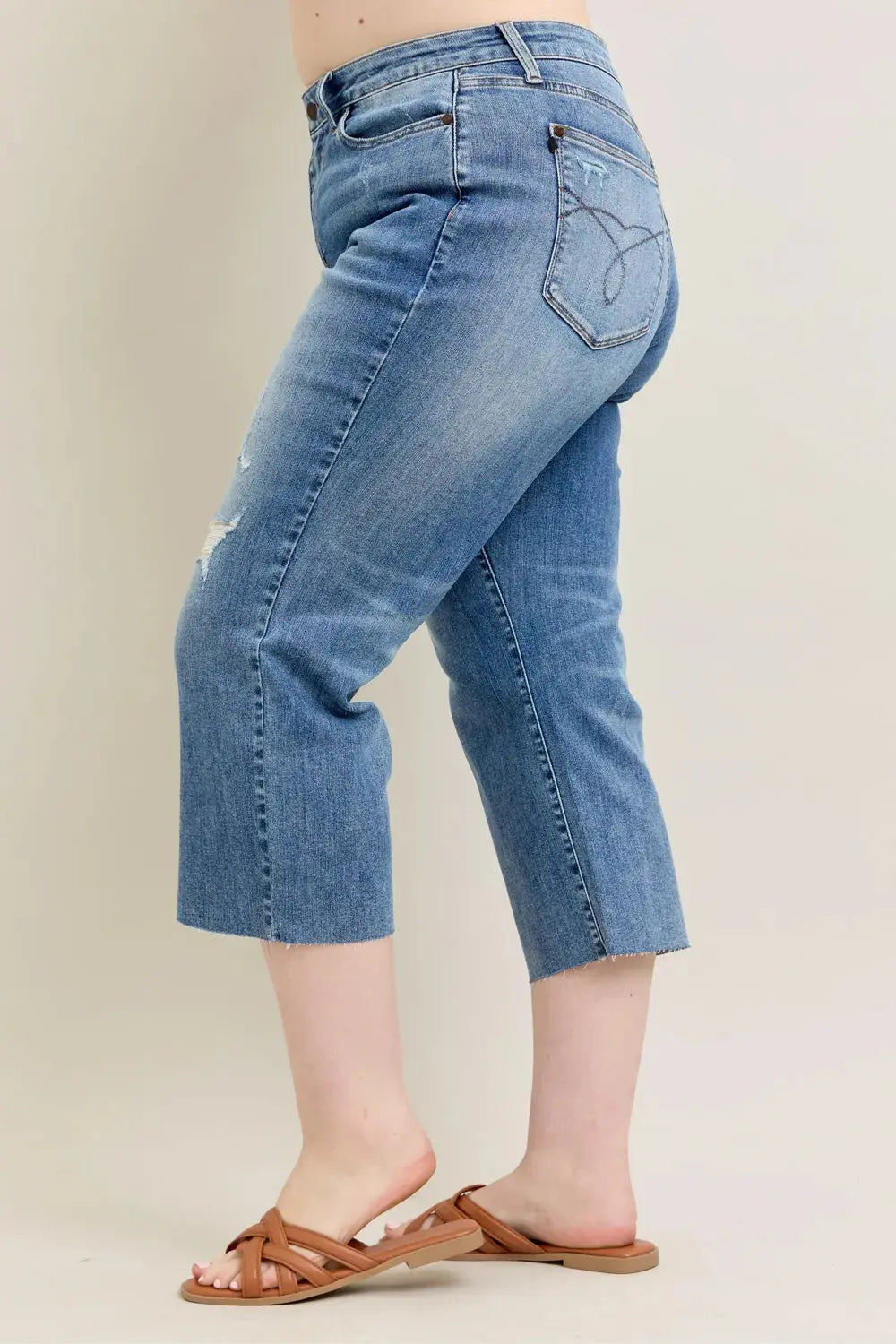 Plus Size High Waist Back Destroy & Raw Cut Hem Crop Wide Leg Judy Blue Jeans
