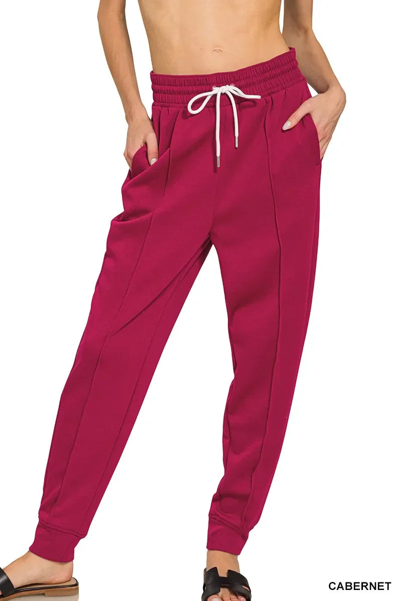Zenana Drawstring Scuba Sweatpants with Pockets in Cabernet