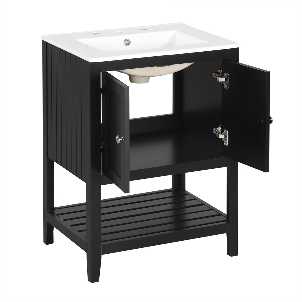 24" Black Modern Sleek Bathroom Vanity Elegant Ceramic Sink with Solid Wood Frame Open Style Shelf