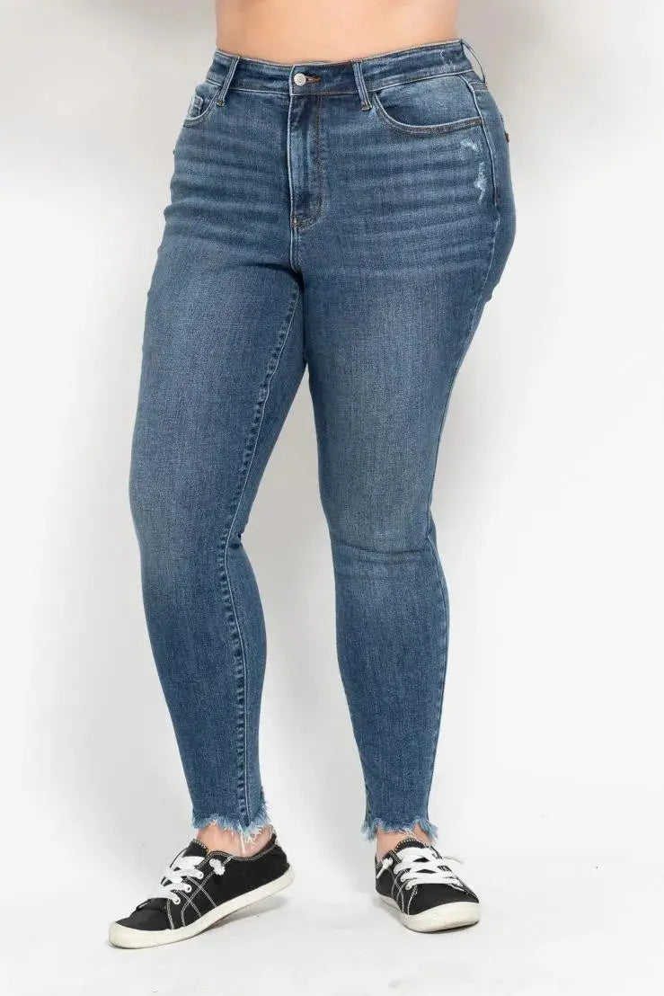 Plus Size High Waist Skinny Judy Blue Jeans with Destroy & Shark Bit Hem