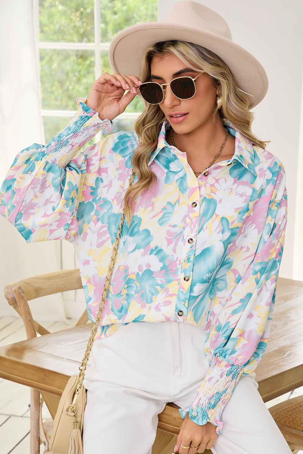 Yellow Floral Oversized Shirt with Shirred Cuffs - Women's Blouse