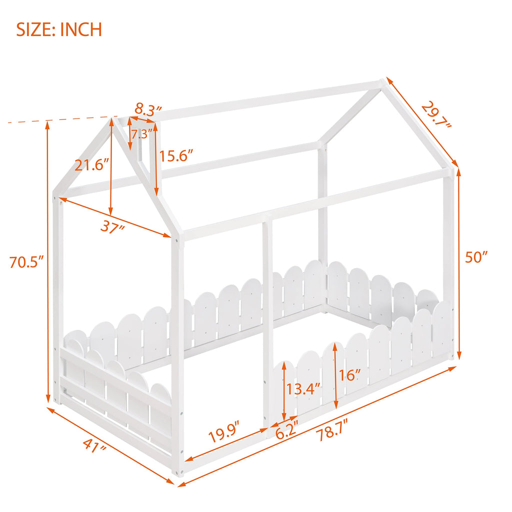 {Slats are not included}Twin Size Wood Bed House Bed Frame with Fence for KidsTeens Girls Boys {White}