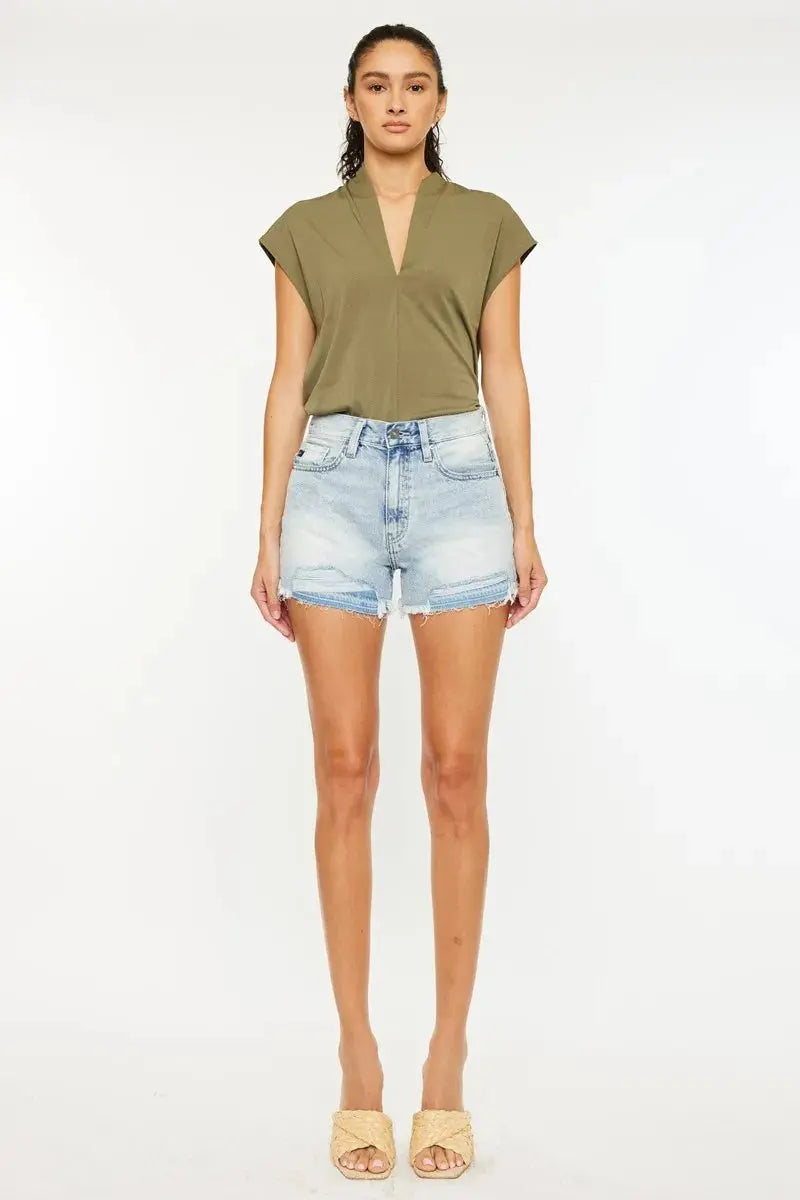 High Rise Raw Hem Kancan Denim Shorts - Light Wash