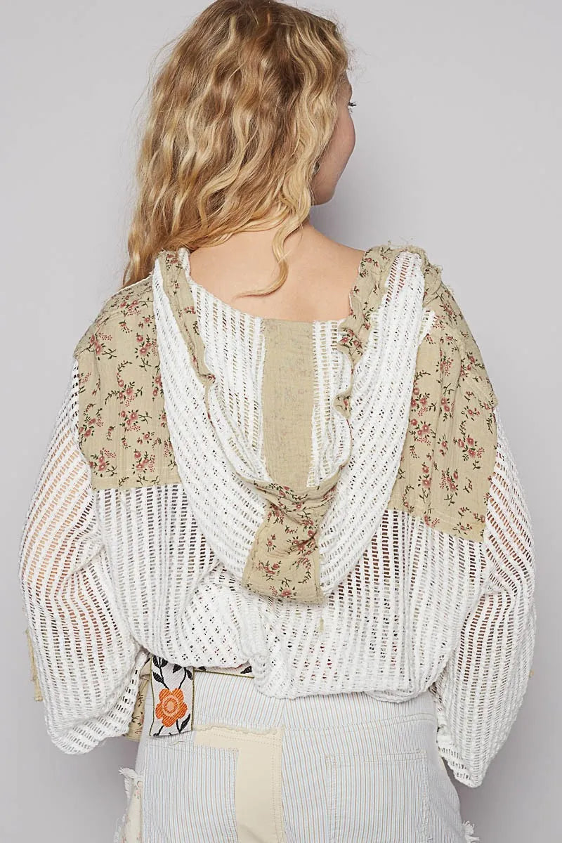 Vintage Washed Crochet Hoodie Jacket With Patchwork