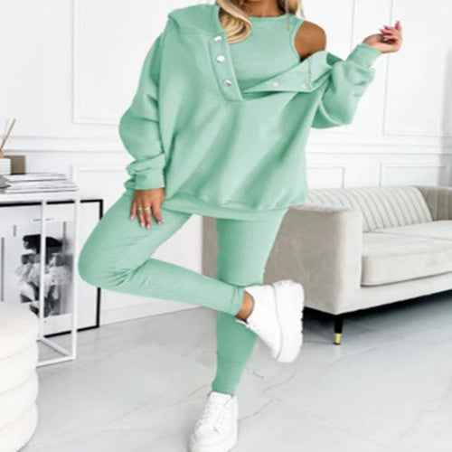 Women's Tank Hoodie Leggings Set - Solid Color 3 Piece Set