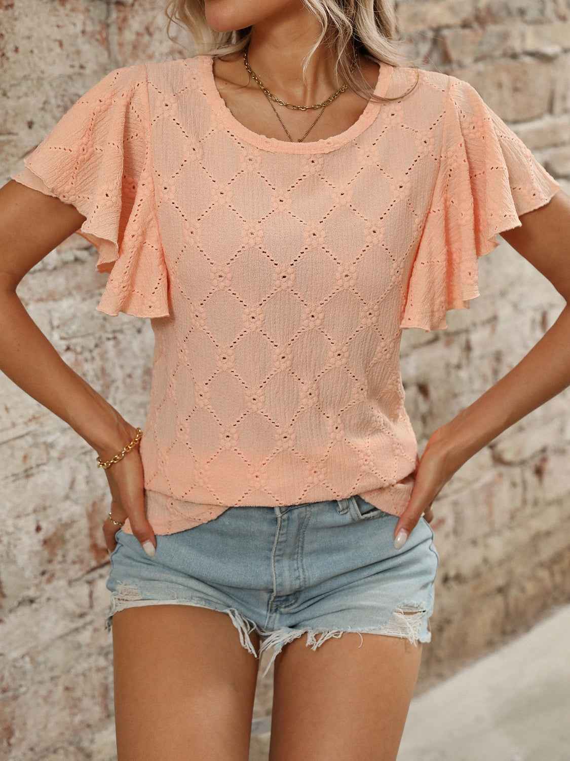 Eyelet Flutter Sleeve Top - Round Neck & Stylish Women's Top