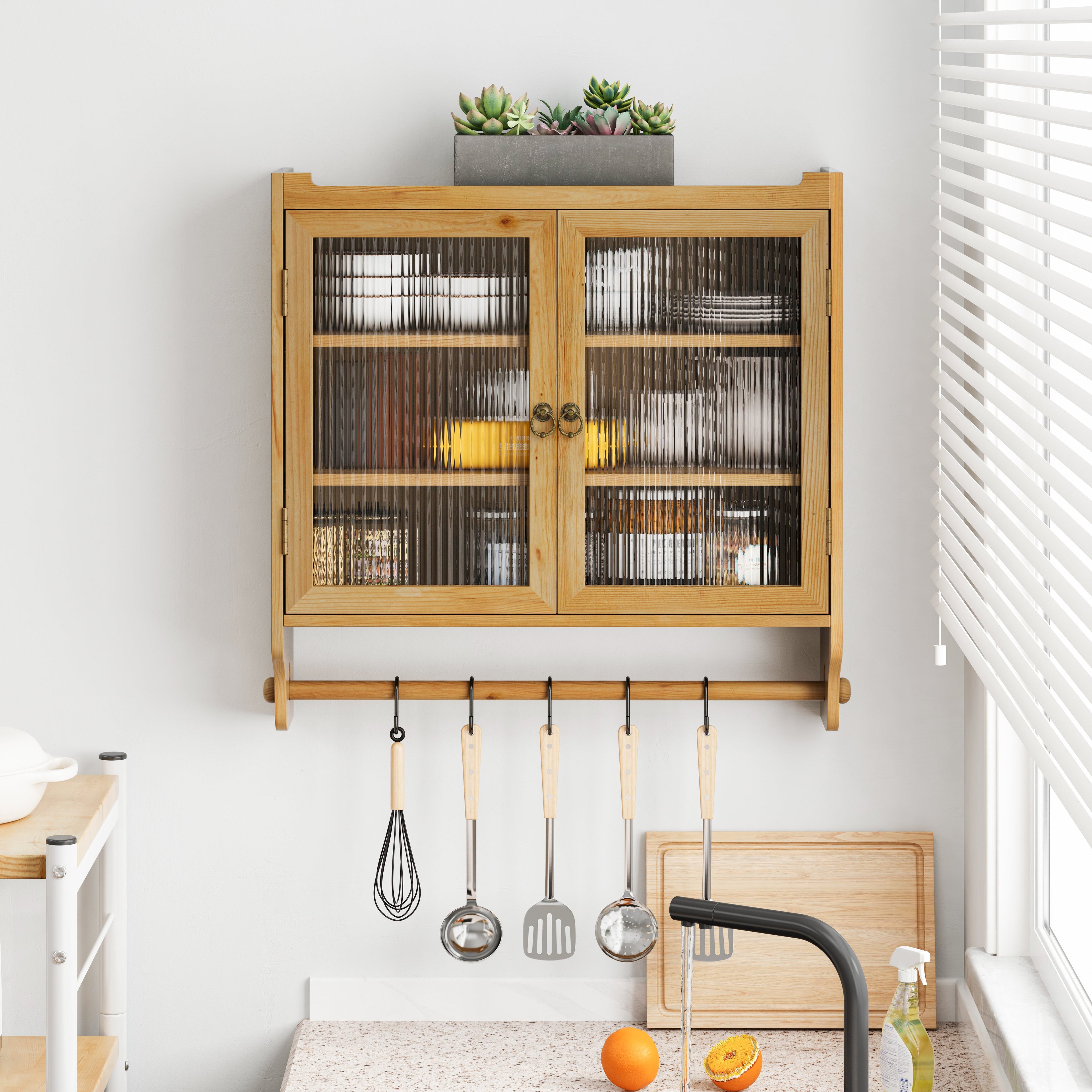 24.8 '' Glass door retro double door wall cabinet with three levels of storage space with towel rack, original wood color
