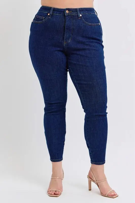 Full Size/Plus Size Mid Rise Tummy Control Classic Skinny Judy Blue Jeans