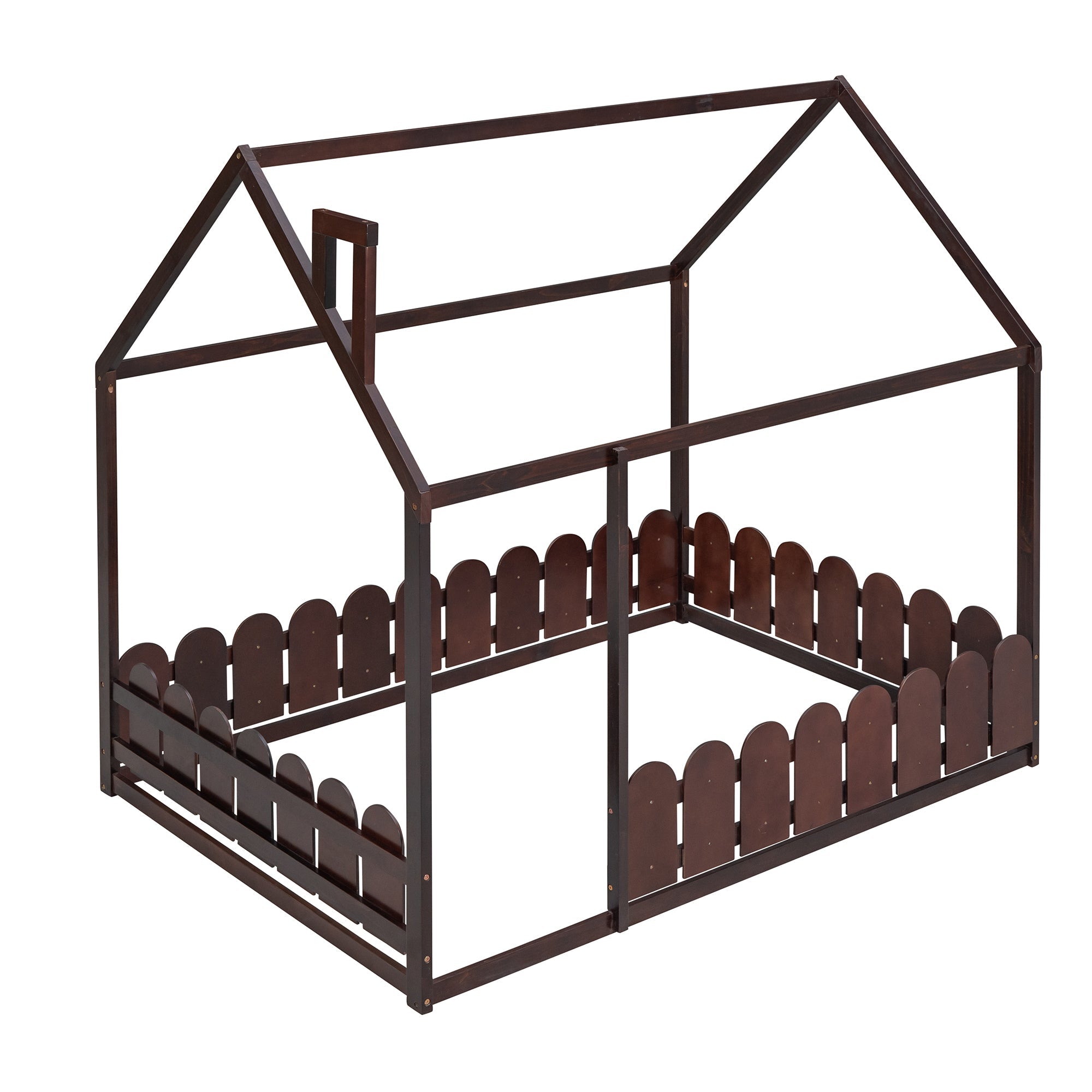 (Slats are not included)Full Size Wood Bed House Bed Frame with Fence for Kids Teens Girls Boys (Espresso )