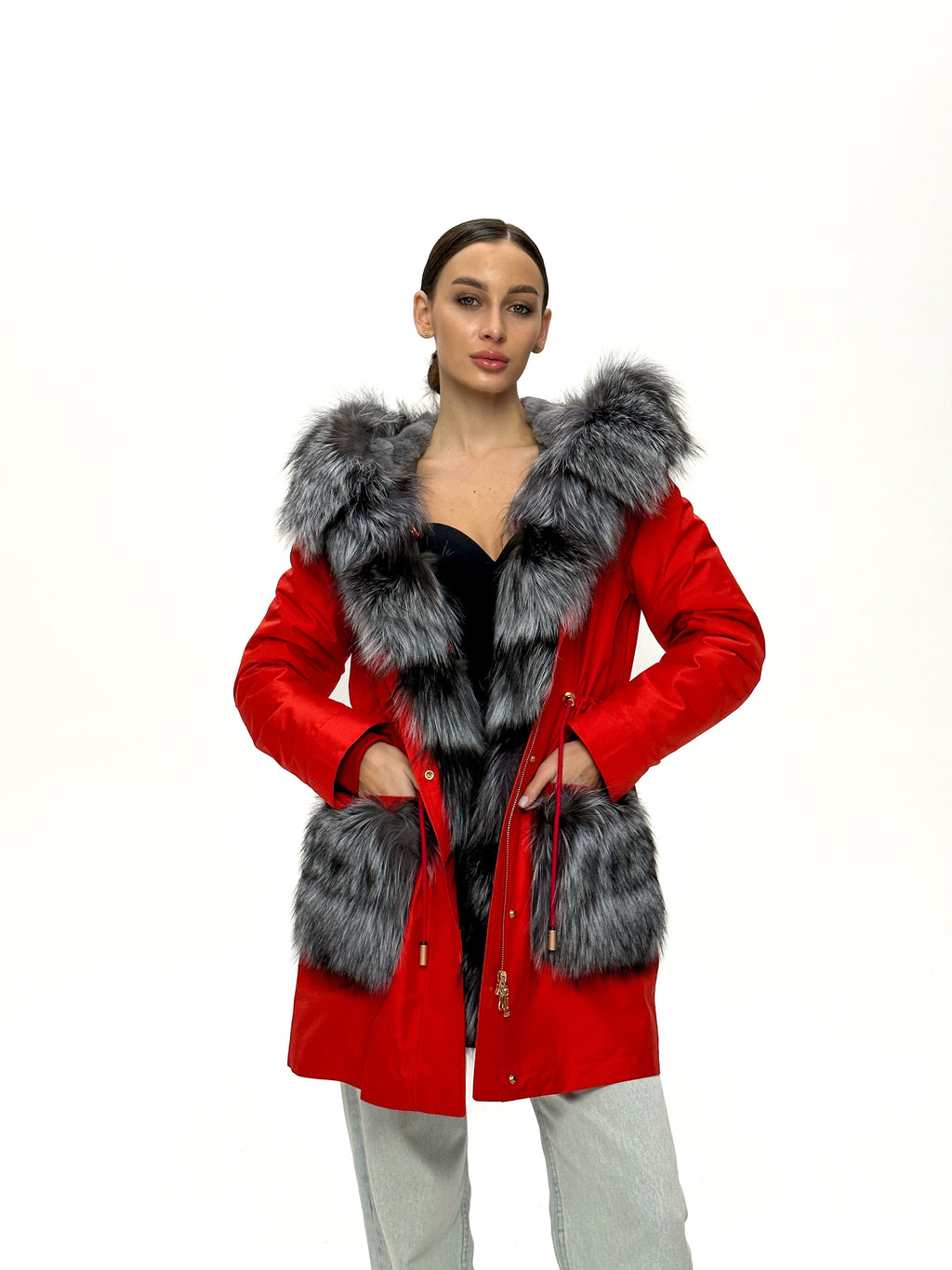 Genuine Silver Fox Fur Rabbit Fur Insulated Parka