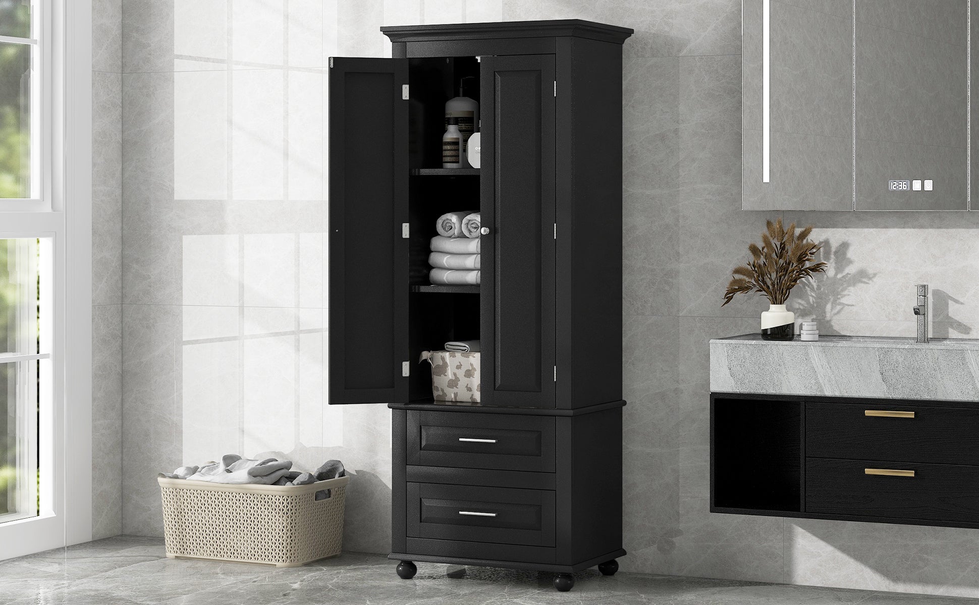 Tall Storage Cabinet with Two Drawers for Bathroom/Office, Black