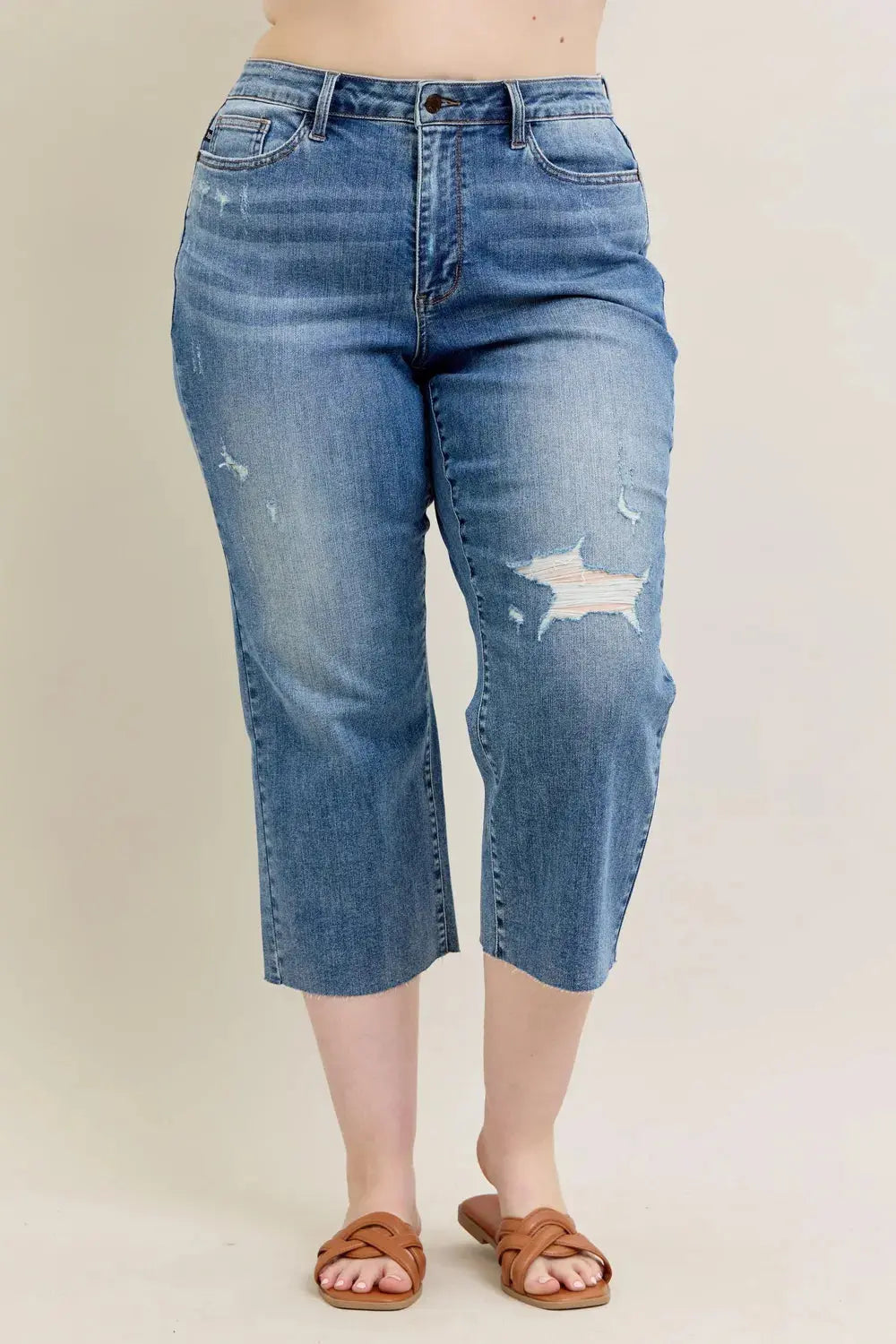 Plus Size High Waist Back Destroy & Raw Cut Hem Crop Wide Leg Judy Blue Jeans