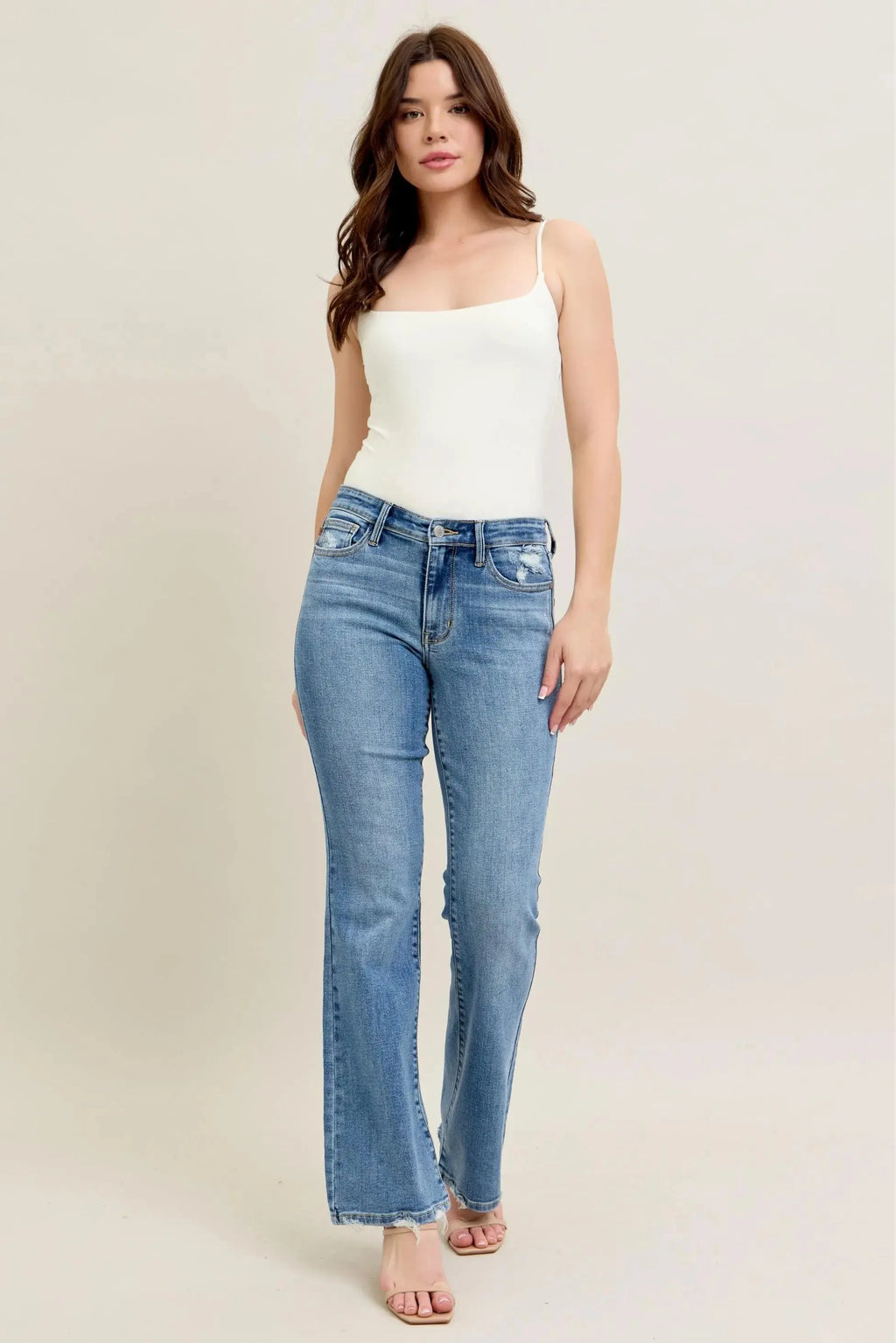 Full Size Mid Rise Wash Destroy Hem Bootcut Judy Blue Jeans