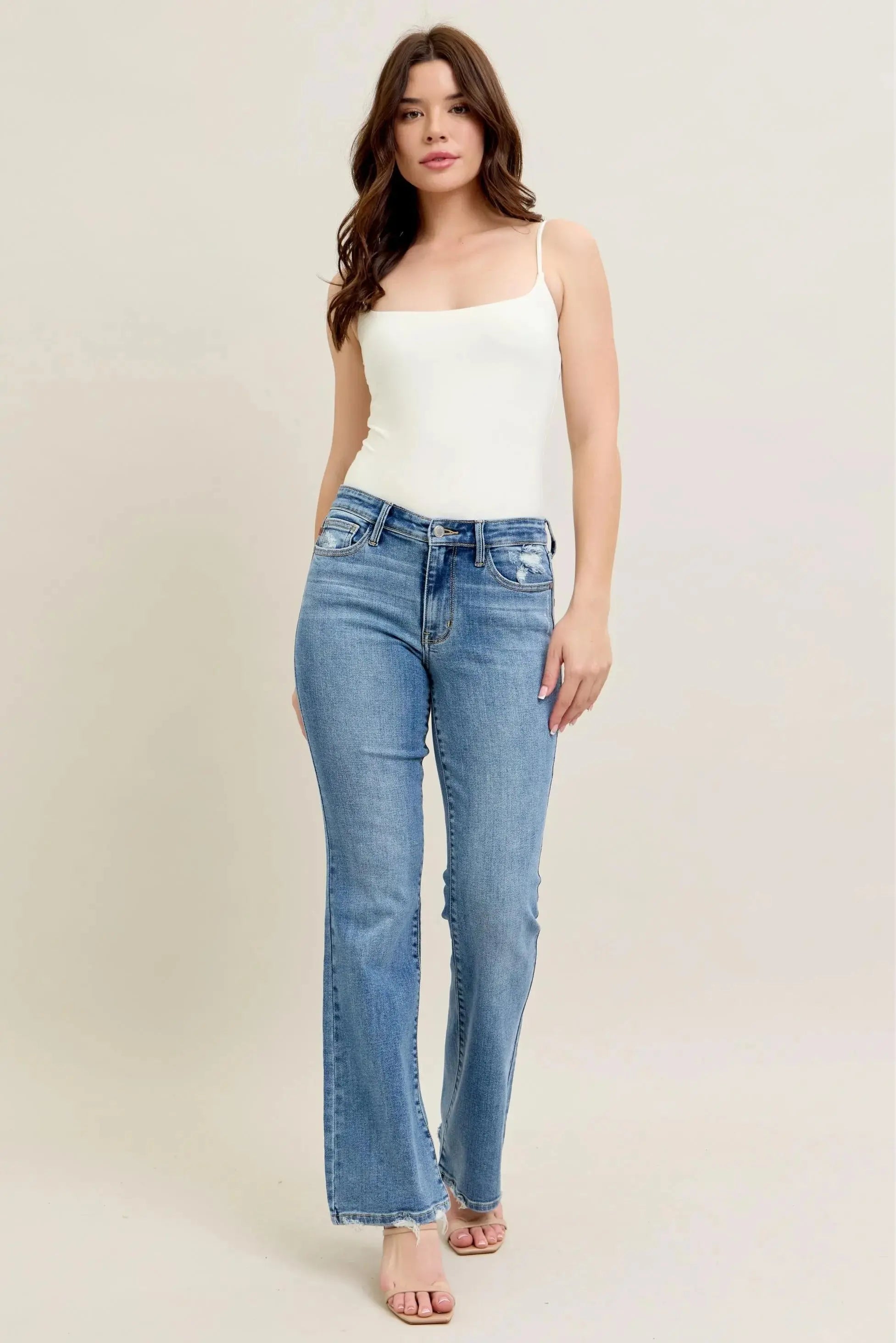 Full Size Mid Rise Wash Destroy Hem Bootcut Judy Blue Jeans