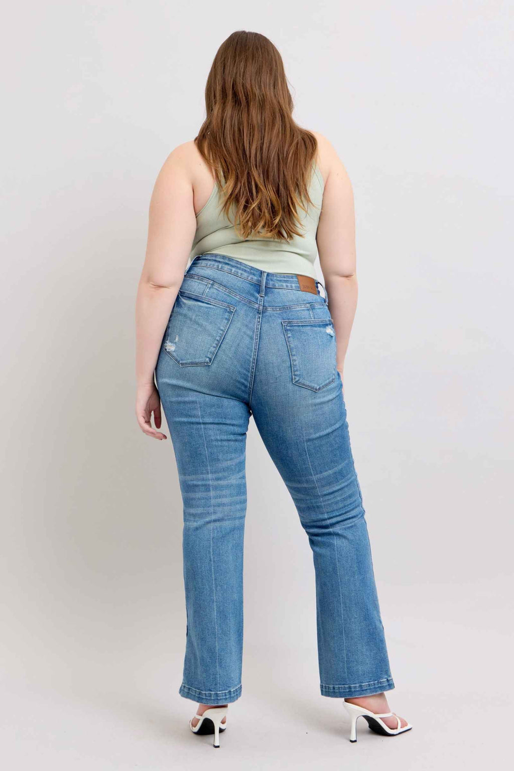 Judy Blue Tummy Control Bootcut Jeans with Vintage Wash and Side Slit Women's Jeans