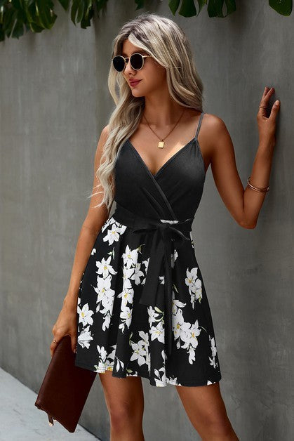 Floral V Neck Spaghetti Strap Belted Cami Dress