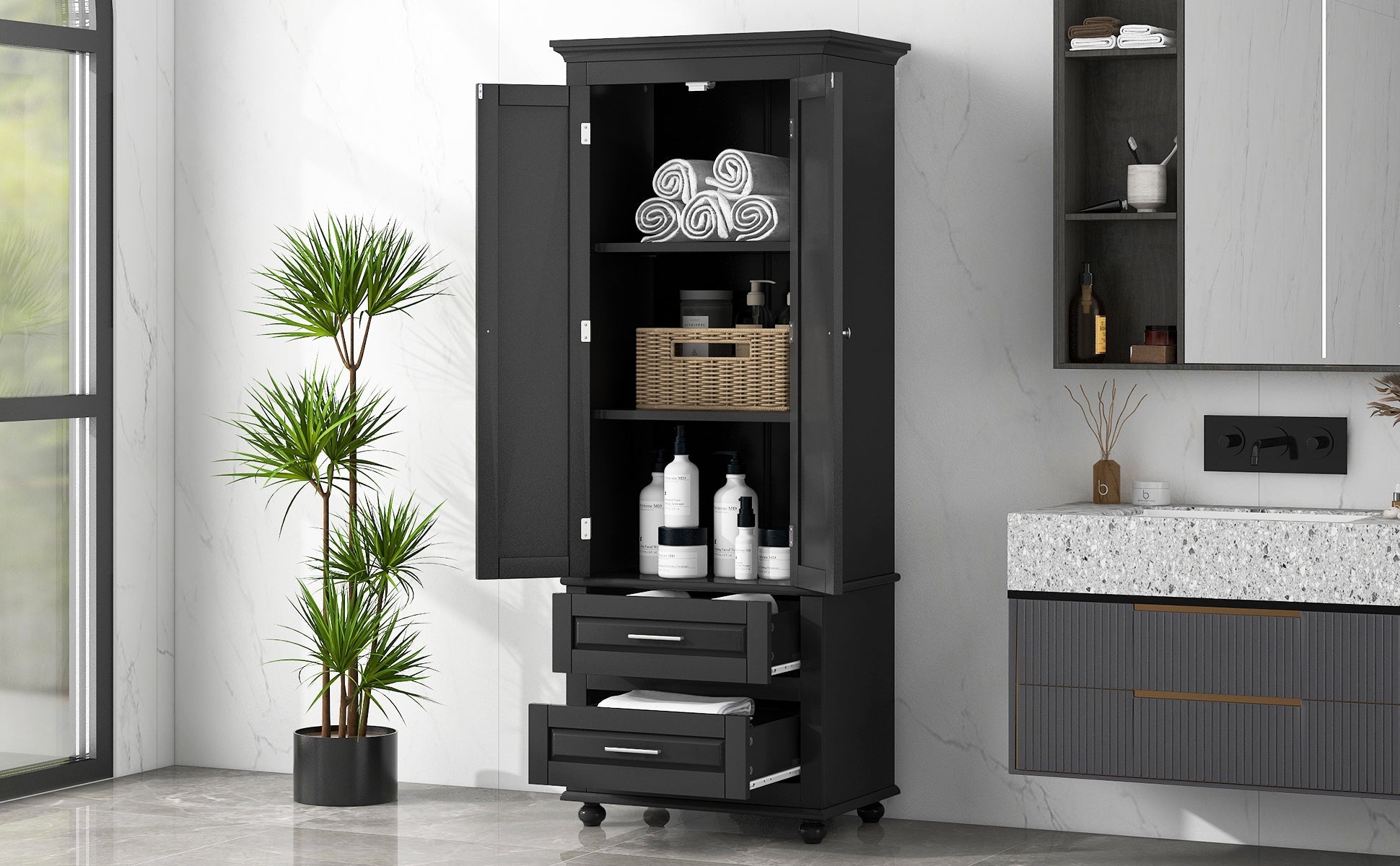 Tall Storage Cabinet with Two Drawers for Bathroom/Office, Black