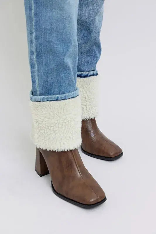 Plus Size High Waist Shearling Cuff Straight Leg Judy Blue Jeans