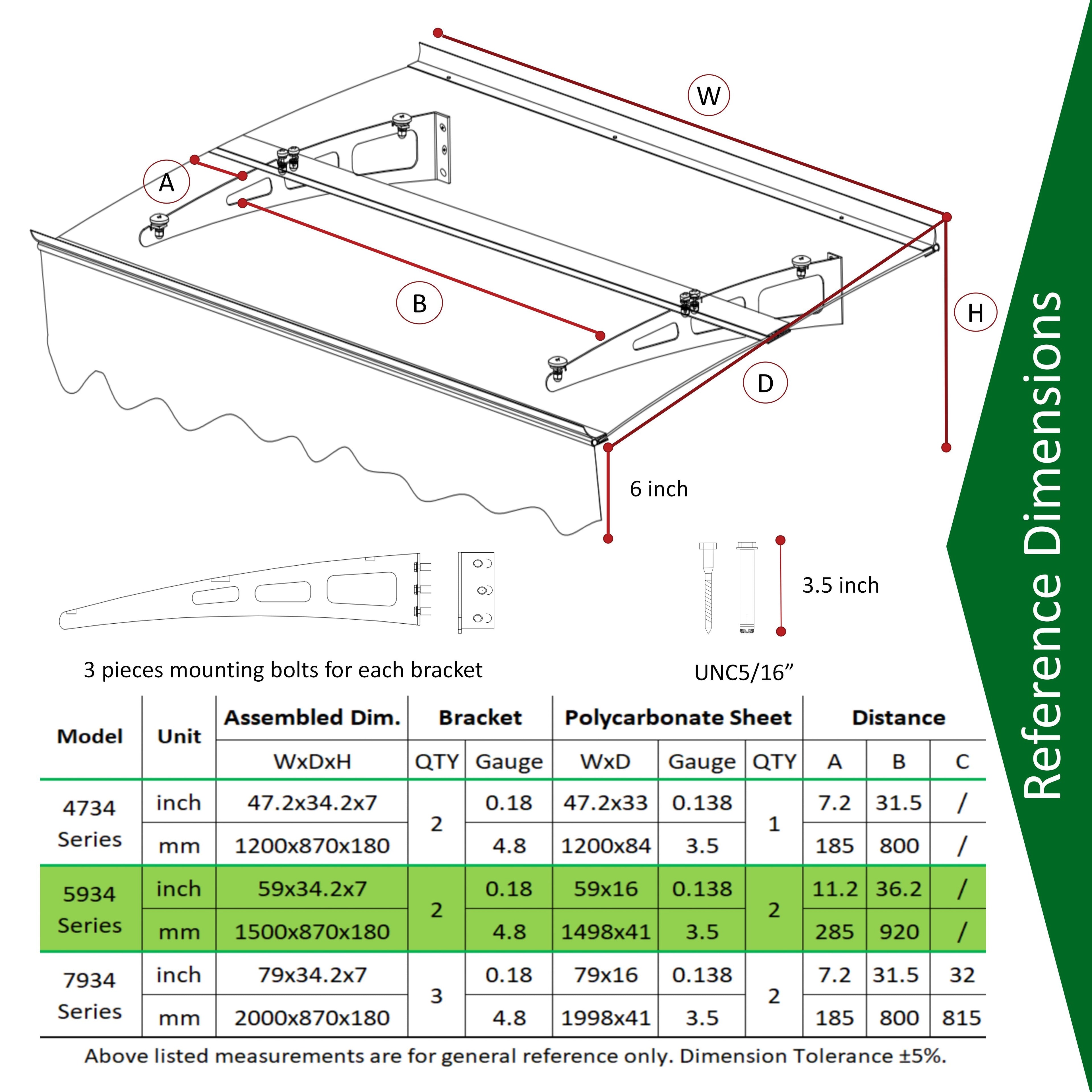 DA5934W Series Door Window Awning Canopy Made of 0.137 Inch Thick Crystal Solid Polycarbonate Sheet in size of 59" Wide x 34"