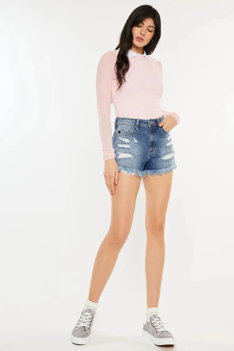 High Rise Raw Hem Kancan Denim Shorts